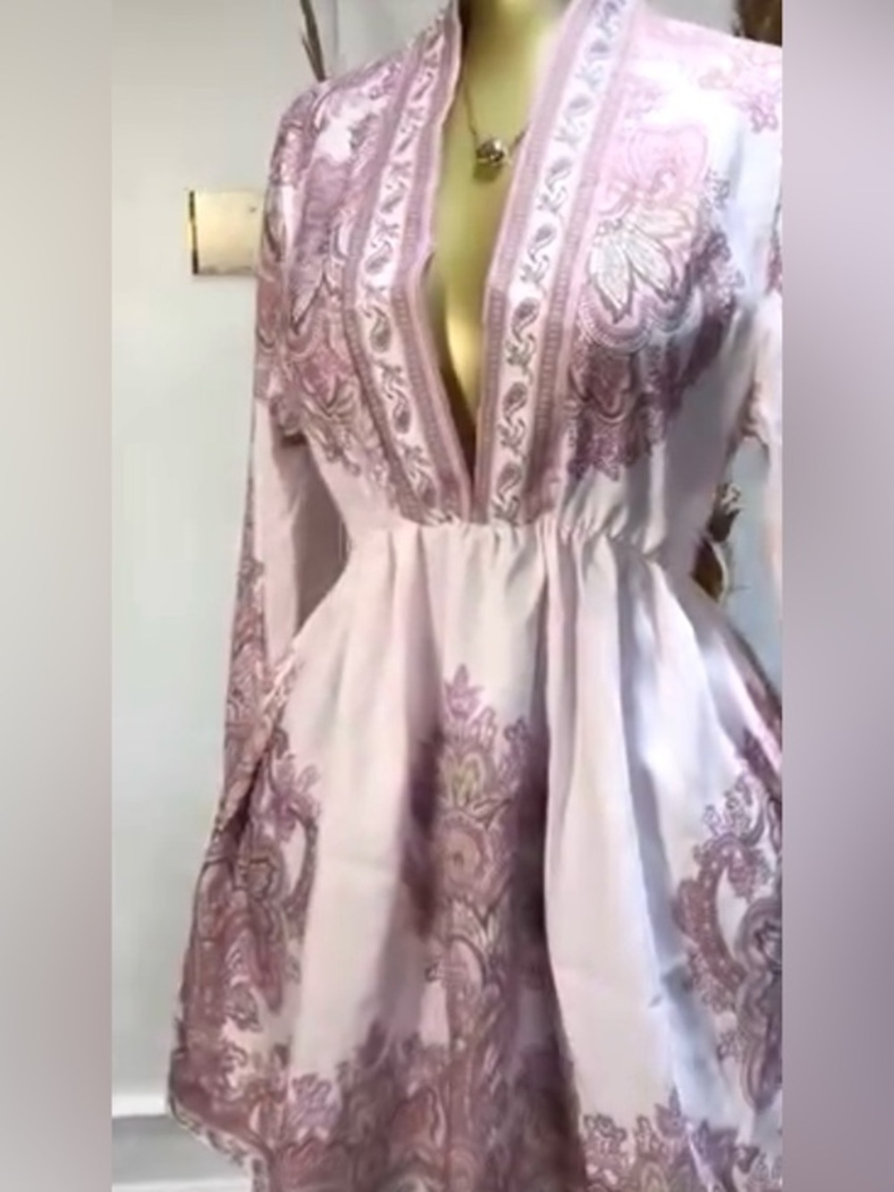 Victorian whimsy  romantic, feminine Pink Paisley Mini Dress with Deep V-Neck